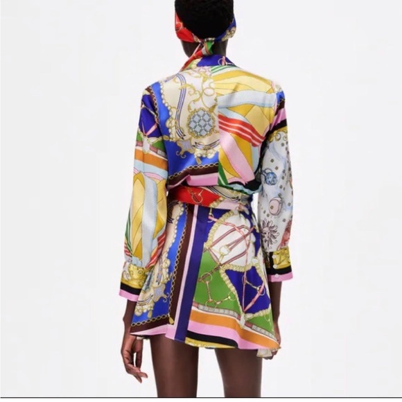 Zara Printed Mini Shirt Dress w/ Tie Belt in Multicolor Pattern - Picture 6 of 7